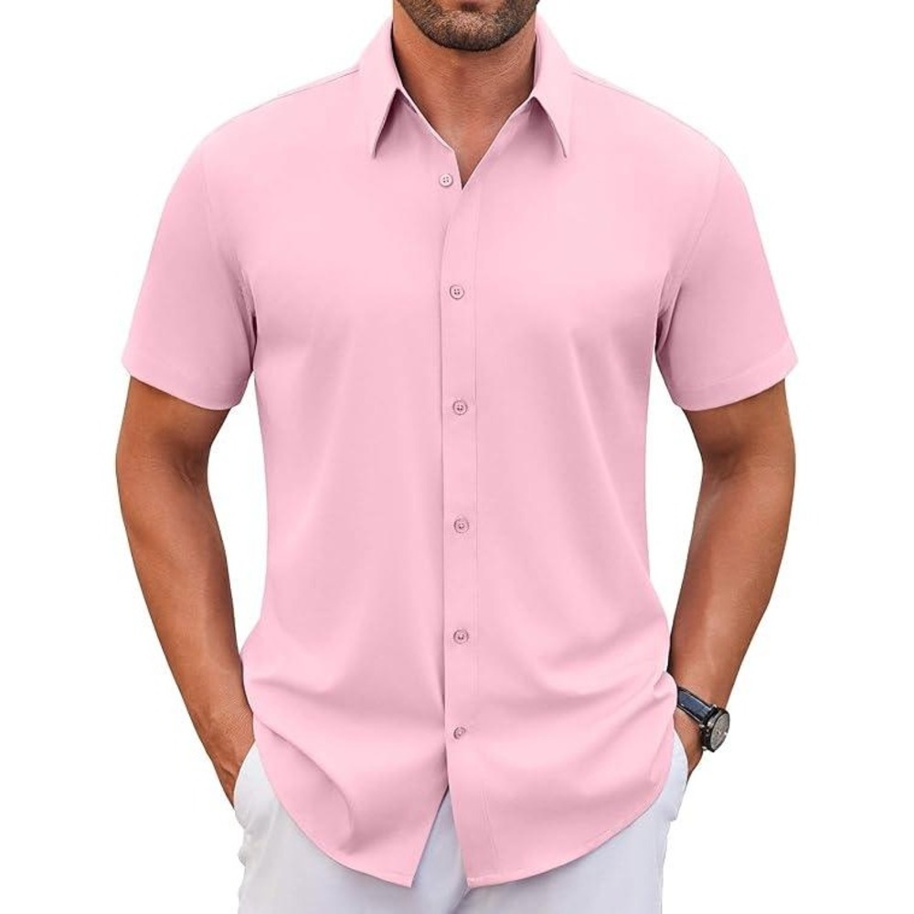 COOFANDY Men's Short Sleeve Button Down Shirt Pink Stretch Wrinkle Free - Large